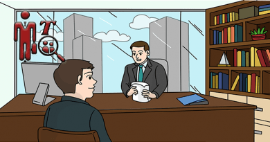 Imagen en caricatura de una entrevista de trabajo, aparecen un jefe sentado en el escritorio y el empleado sentado enfrente.