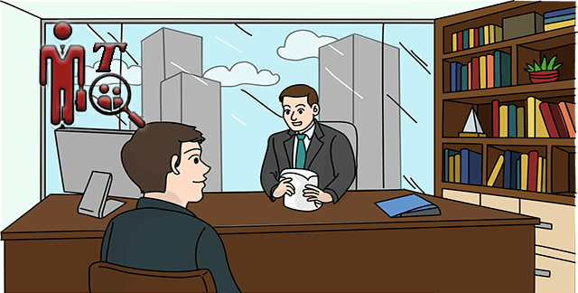 Imagen en caricatura de una entrevista de trabajo, aparecen un jefe sentado en el escritorio y el empleado sentado enfrente.