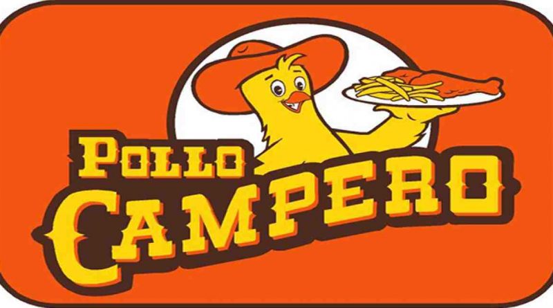Logo de la empresa Pollo campero, un pollo sosteniendo un plato de pollo frito y las palabras pollo campero, el pollo tiene un sombrero anaranjado