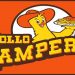 Logo de la empresa Pollo campero, un pollo sosteniendo un plato de pollo frito y las palabras pollo campero, el pollo tiene un sombrero anaranjado