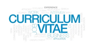 Arte en PSD de la palabra curriculum vitae CV letras de color azul, fondo blanco,