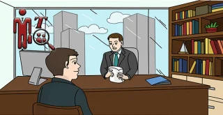 Imagen en caricatura de una entrevista de trabajo, aparecen un jefe sentado en el escritorio y el empleado sentado enfrente.